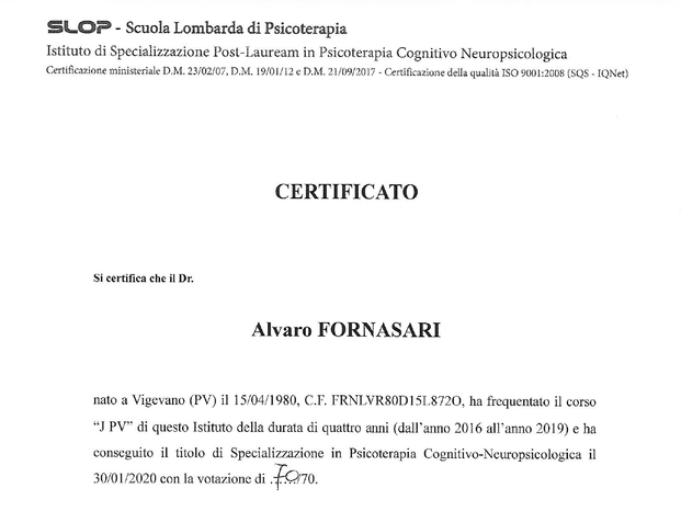 Certificato della Scuola di Specializzazione  di Psicoterapia
