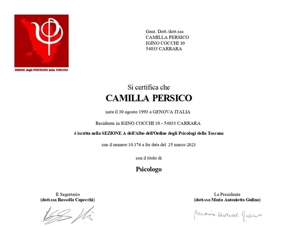 Certificato iscrizione albo Psicologi Dott.ssa Camilla Persico