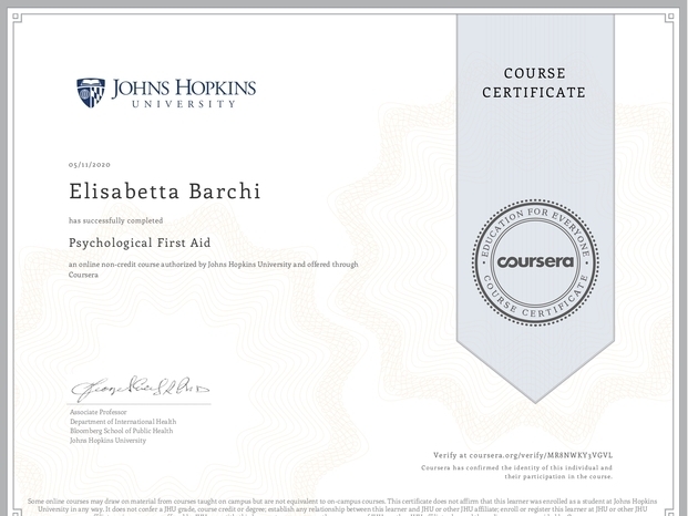 Certificato Psychological First Aid Johns Hopkins University.
